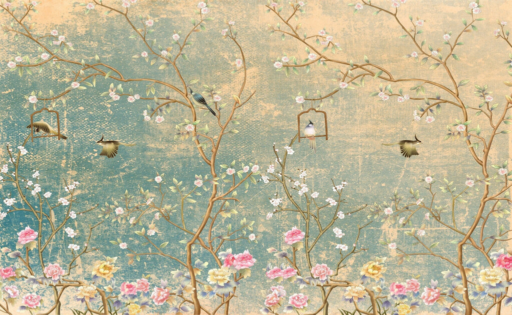 Vintage Florals on grunge Wallpaper Removable Wallpaper EazzyWalls 230”W x 91”H Canvas 