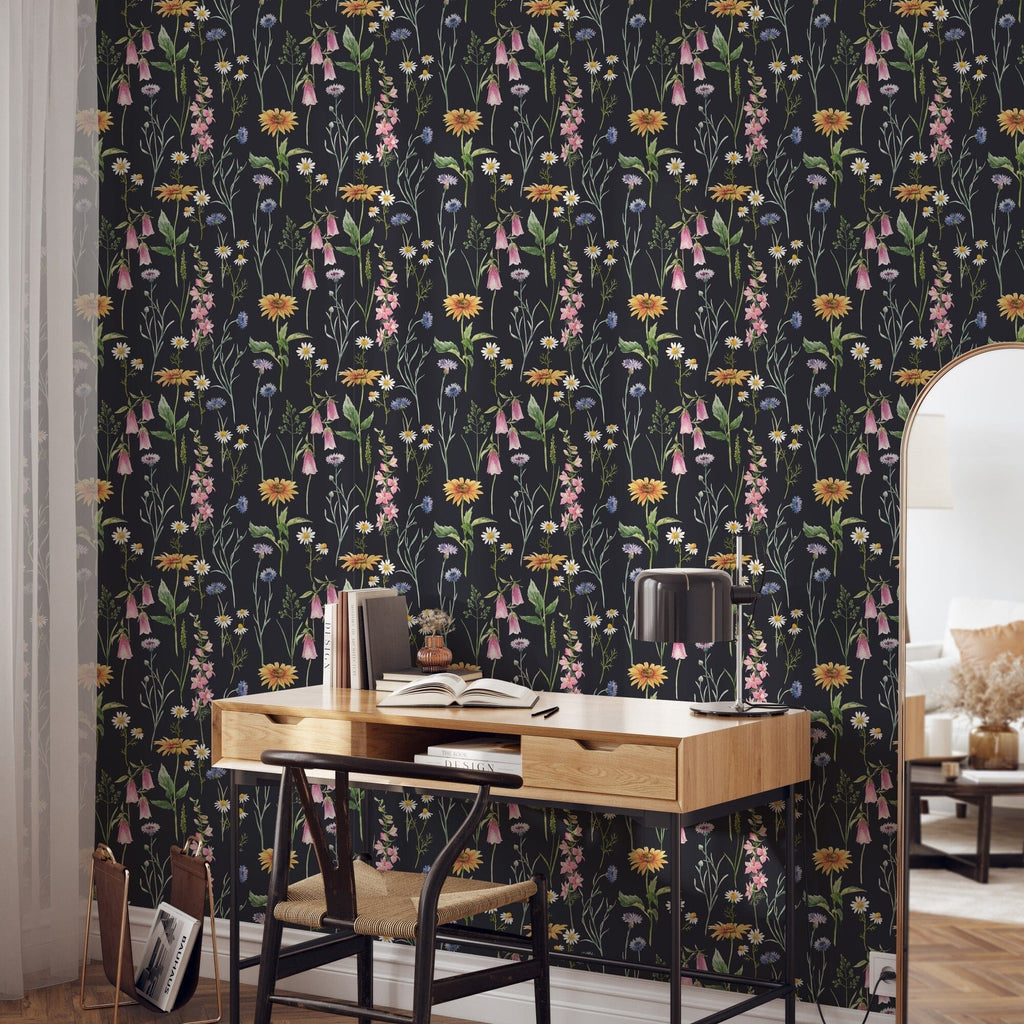 Hand drawn watercolor gentle wild field flowers on the dark background Wallpaper Peel and Stick Removable Wallpaper EazzyWalls 