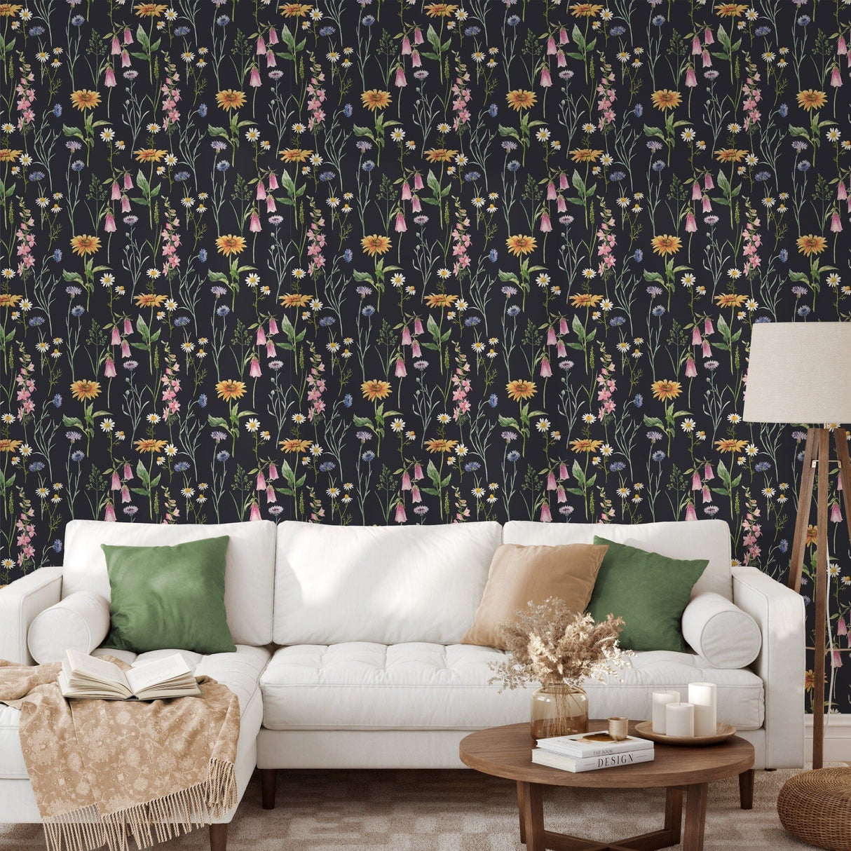 Hand drawn watercolor gentle wild field flowers on the dark background Wallpaper Peel and Stick Removable Wallpaper EazzyWalls 