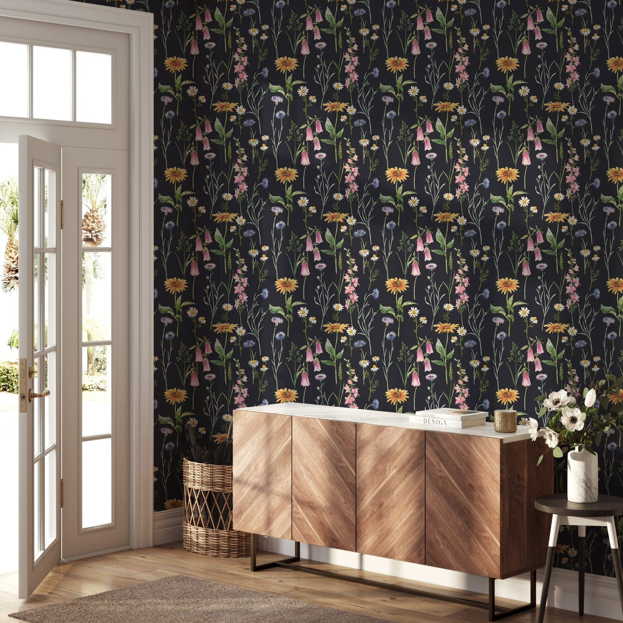 Hand drawn watercolor gentle wild field flowers on the dark background Wallpaper Peel and Stick Removable Wallpaper EazzyWalls 