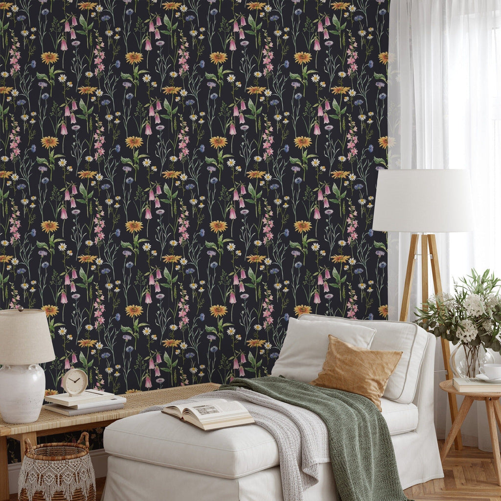 Hand drawn watercolor gentle wild field flowers on the dark background Wallpaper Peel and Stick Removable Wallpaper EazzyWalls 