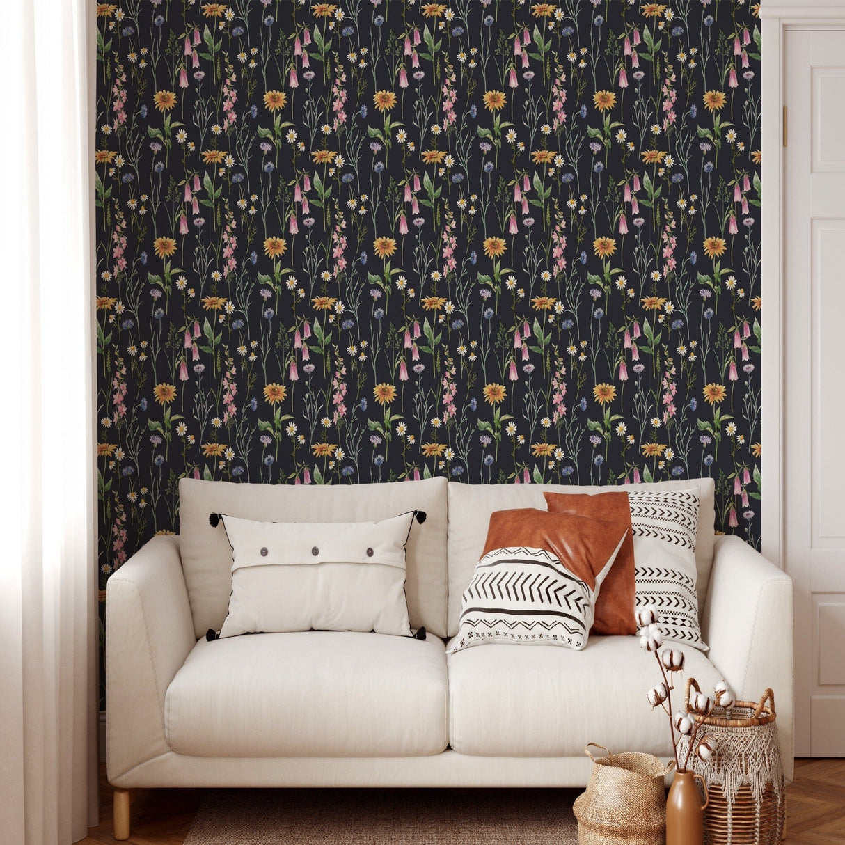 Hand drawn watercolor gentle wild field flowers on the dark background Wallpaper Peel and Stick Removable Wallpaper EazzyWalls 