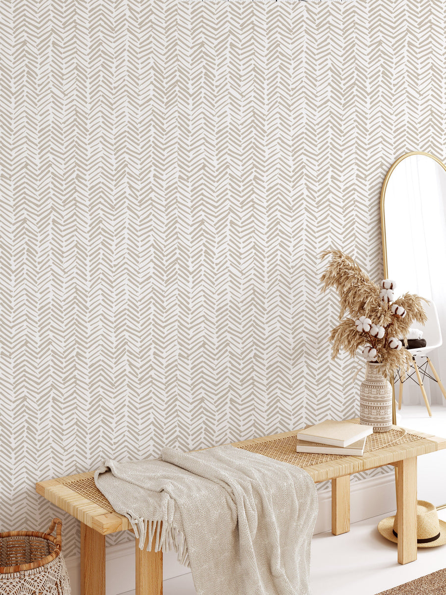 Bedroom with Beige Brushstroke Herringbone Wallpaper
