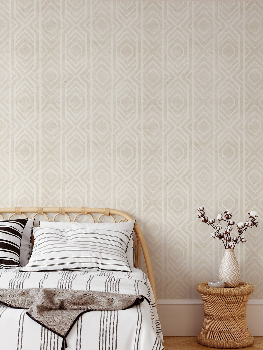 Bedroom with Beige Ikat Geometric Japandi Wallpaper