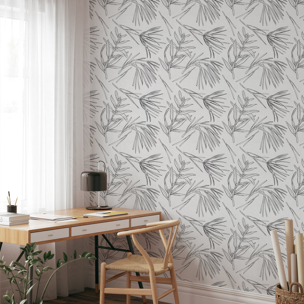 Crayon Drawn Black and White Floral Pattern Wallpaper Mural Peel and Stick Wallpaper EazzyWalls 