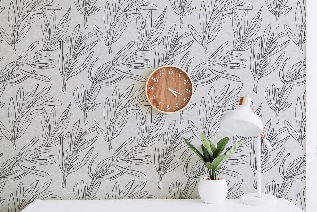 Crayon Drawn Black and White Leaves Wallpaper Mural Peel and Stick Wallpaper EazzyWalls 