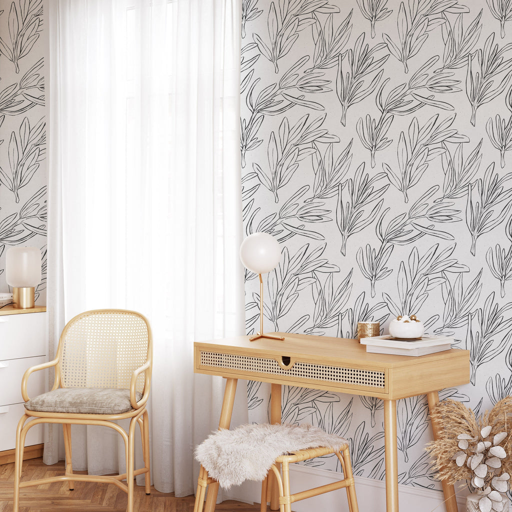 Crayon Drawn Black and White Leaves Wallpaper Mural Peel and Stick Wallpaper EazzyWalls Sample: 6''W x 9''H Smooth Vinyl 