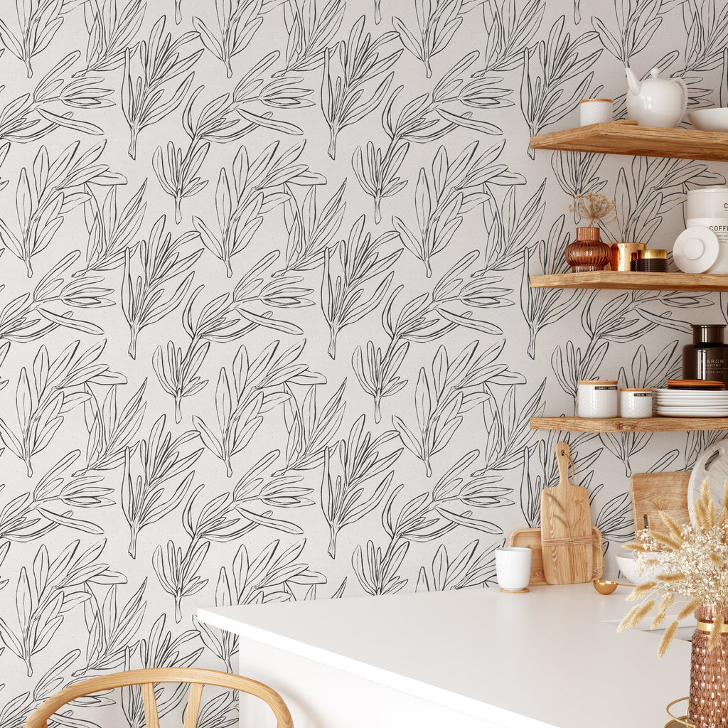 Crayon Drawn Black and White Leaves Wallpaper Mural Peel and Stick Wallpaper EazzyWalls 