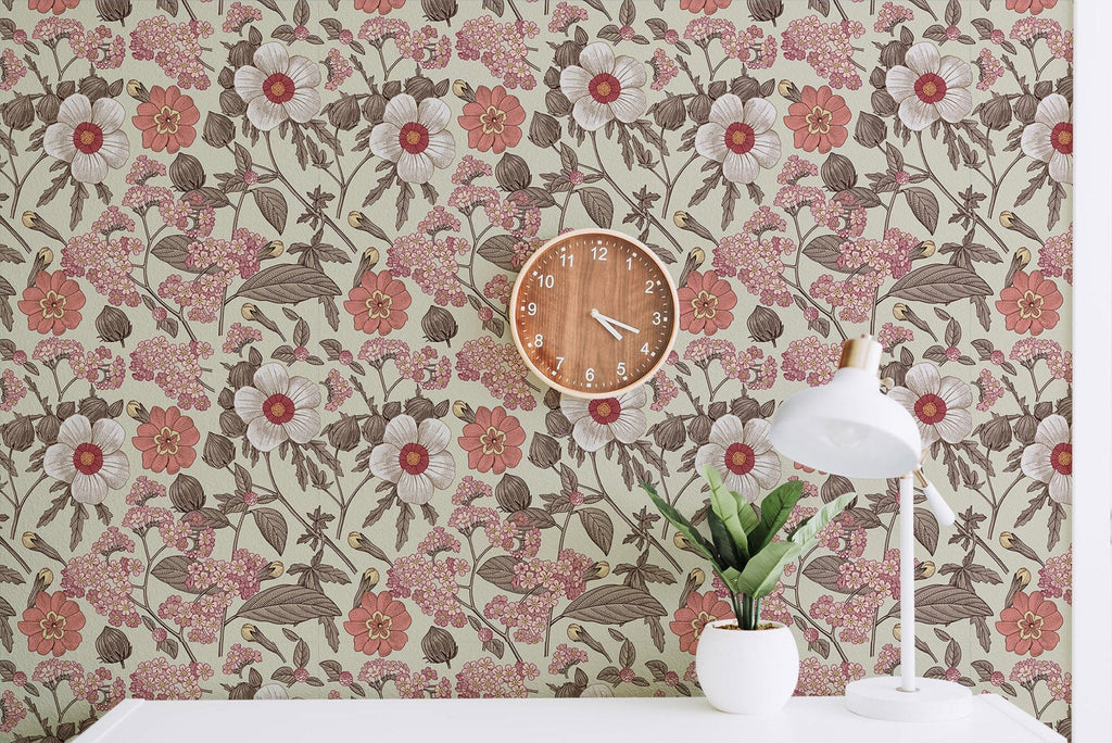 Blooming realistic flowers on vintage background wallpaper Peel and Stick Wallpaper EazzyWalls 