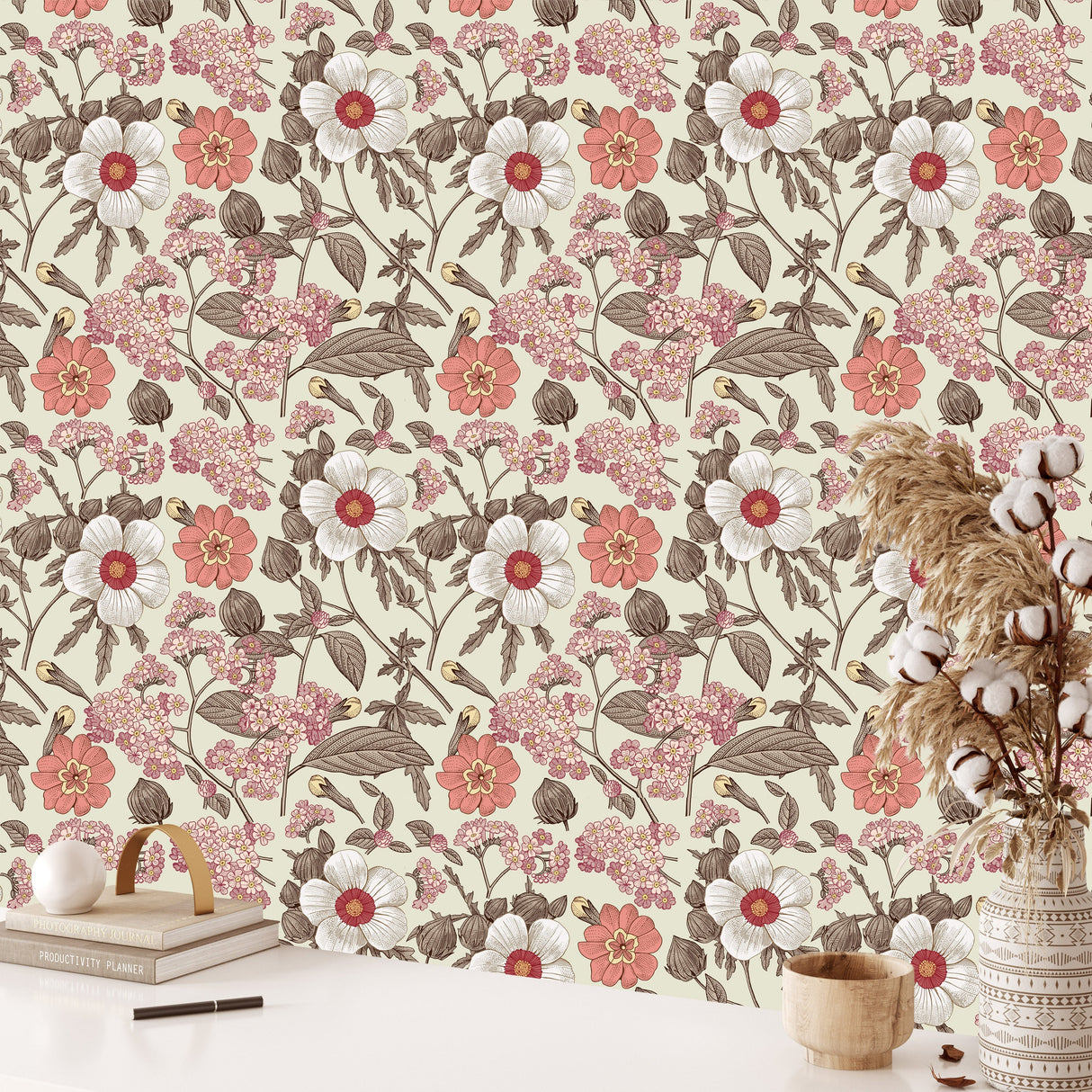 Blooming realistic flowers on vintage background wallpaper Peel and Stick Wallpaper EazzyWalls 