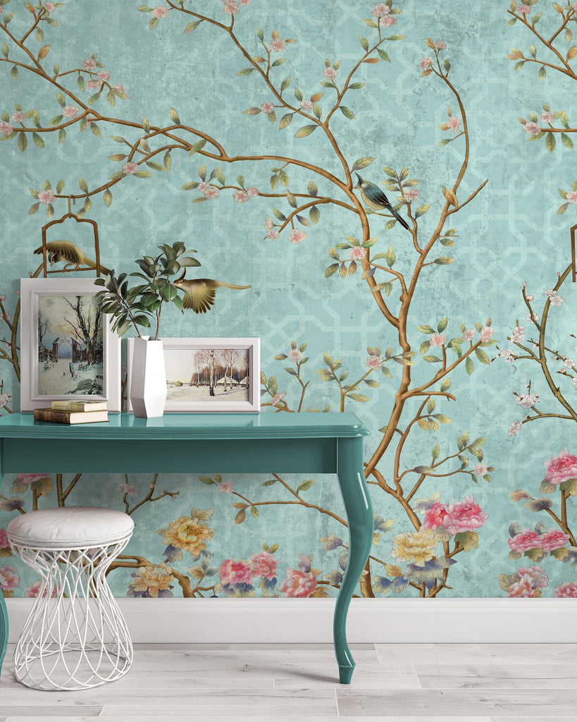 Blue Chinoiserie Birds and Flowers Wallpaper Removable Wallpaper EazzyWalls 