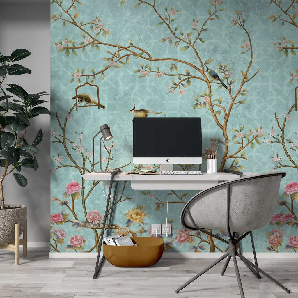 Blue Chinoiserie Birds and Flowers Wallpaper Removable Wallpaper EazzyWalls 