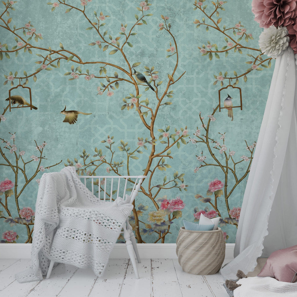 Blue Chinoiserie Birds and Flowers Wallpaper Removable Wallpaper EazzyWalls Sample: 6''W x 9''H Canvas 