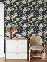 Dark Magnolia and Birds Pattern Wallpaper Removable Wallpaper EazzyWalls 