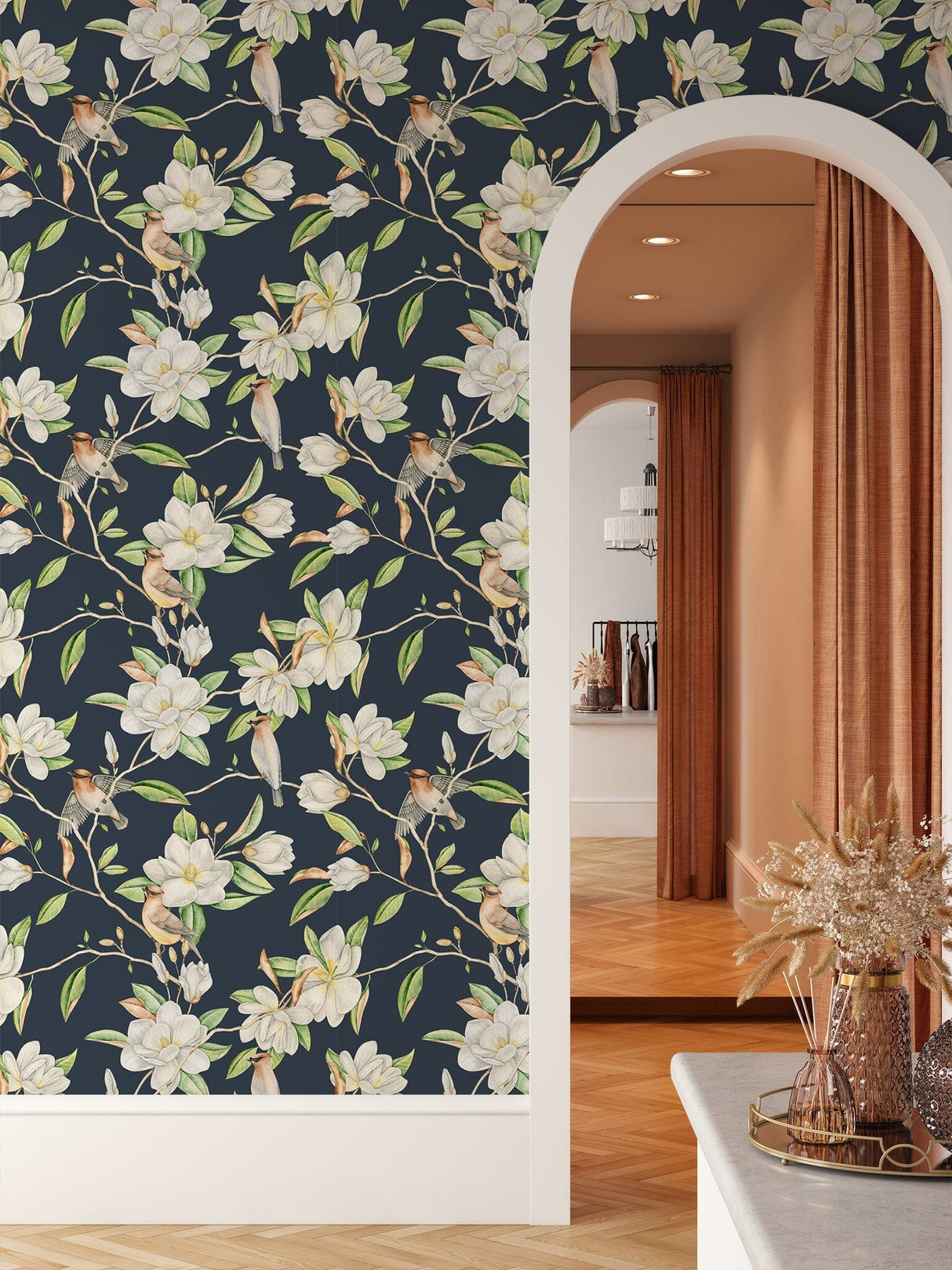 Dark Magnolia and Birds Pattern Wallpaper Removable Wallpaper EazzyWalls 