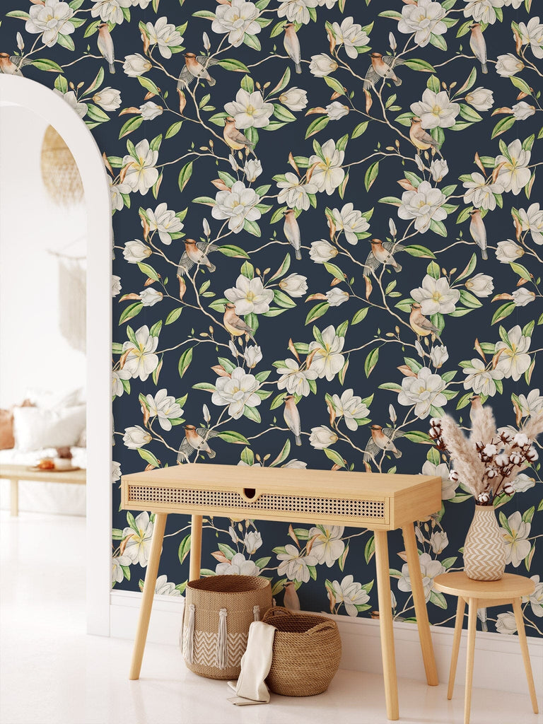 Dark Magnolia and Birds Pattern Wallpaper Removable Wallpaper EazzyWalls 