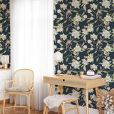 Dark Magnolia and Birds Pattern Wallpaper Removable Wallpaper EazzyWalls 