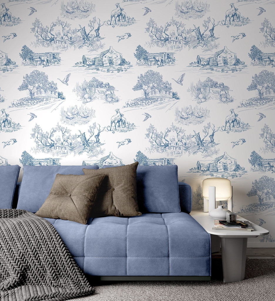 Blue French Toile Wallpaper Removable Wallpaper EazzyWalls 