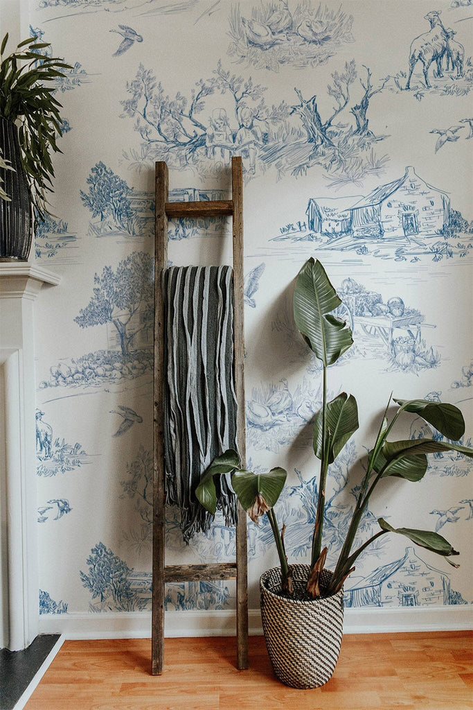 Blue French Toile Wallpaper Removable Wallpaper EazzyWalls 
