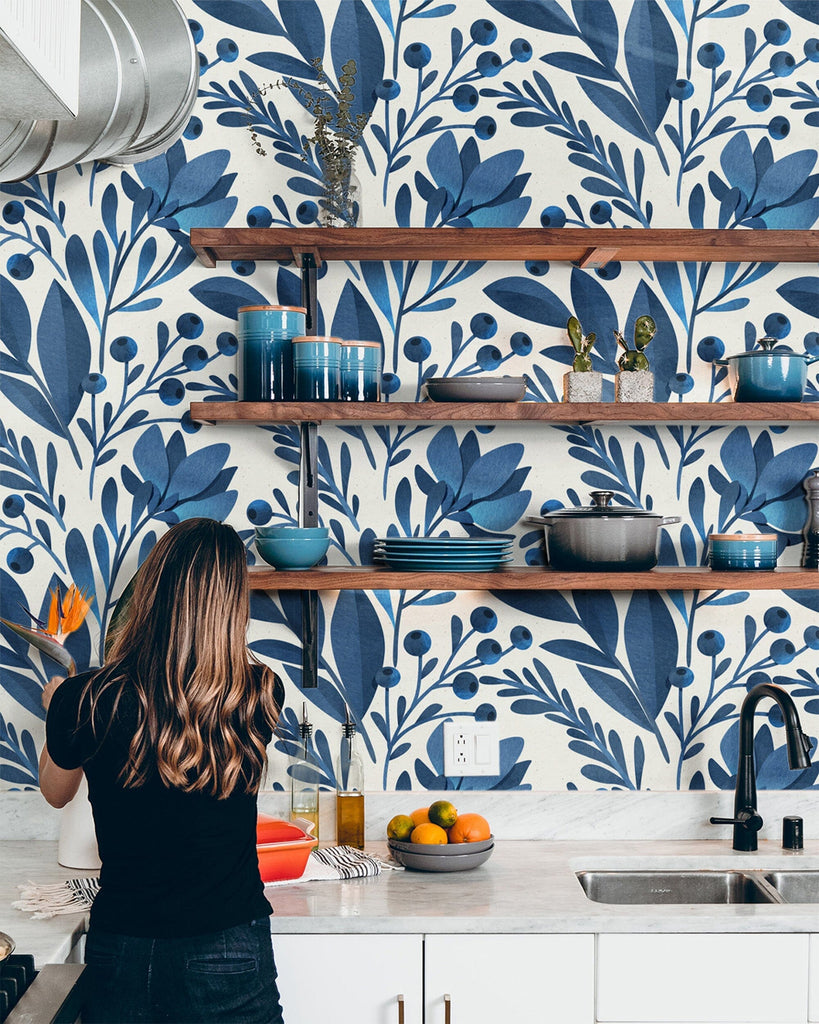 Blue Flowers and Leaves Peel & Stick Wallpaper Removable Wallpaper EazzyWalls 