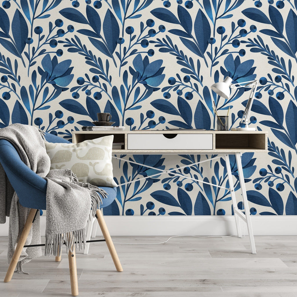 Blue Flowers and Leaves Peel & Stick Wallpaper Removable Wallpaper EazzyWalls 
