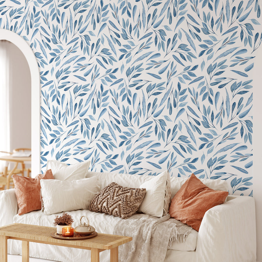 Blue Watercolor Leaves Wallpaper Removable Wallpaper EazzyWalls 