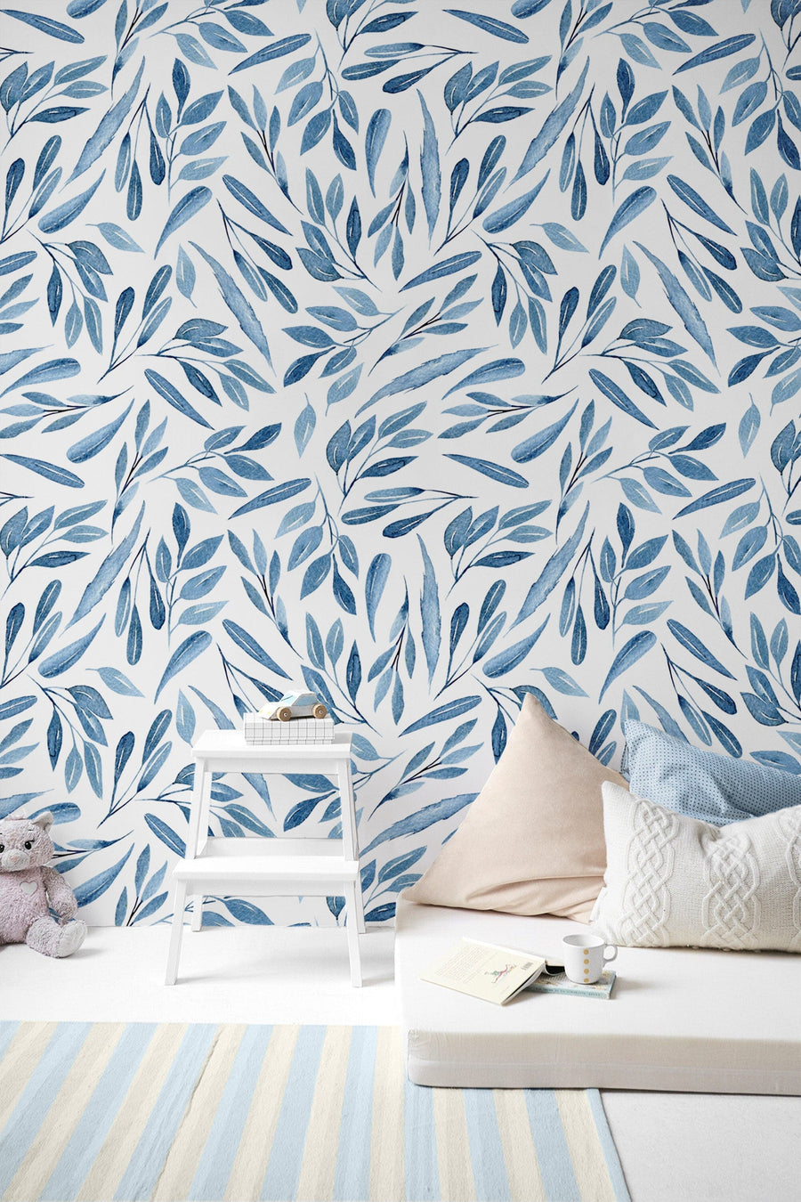 Blue Watercolor Leaves Wallpaper Removable Wallpaper EazzyWalls 