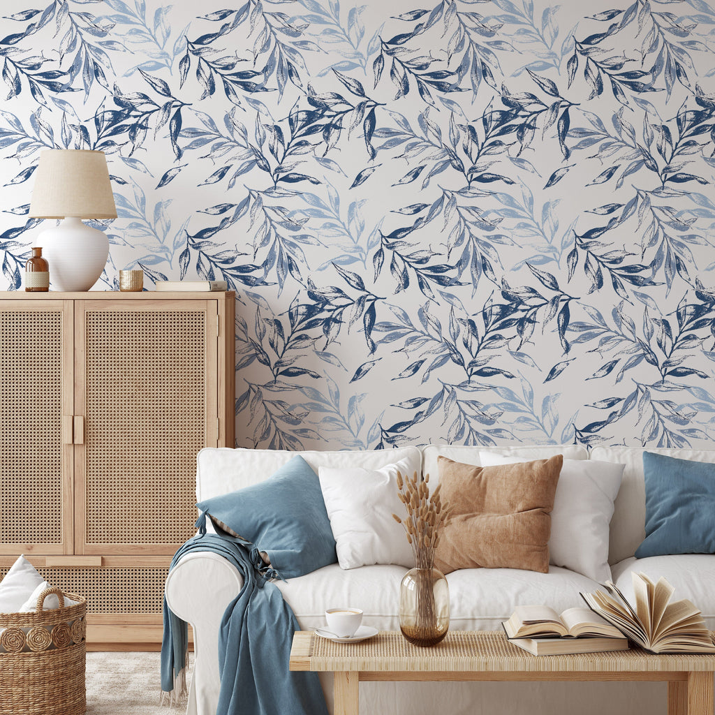 Blue and light blue leaves Wallpaper Peel and Stick Wallpaper EazzyWalls Sample: 6''W x 9''H Smooth Vinyl 