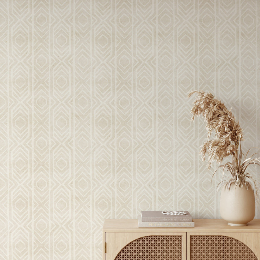 Boho style room with Beige Ikat Geometric Japandi Wallpaper