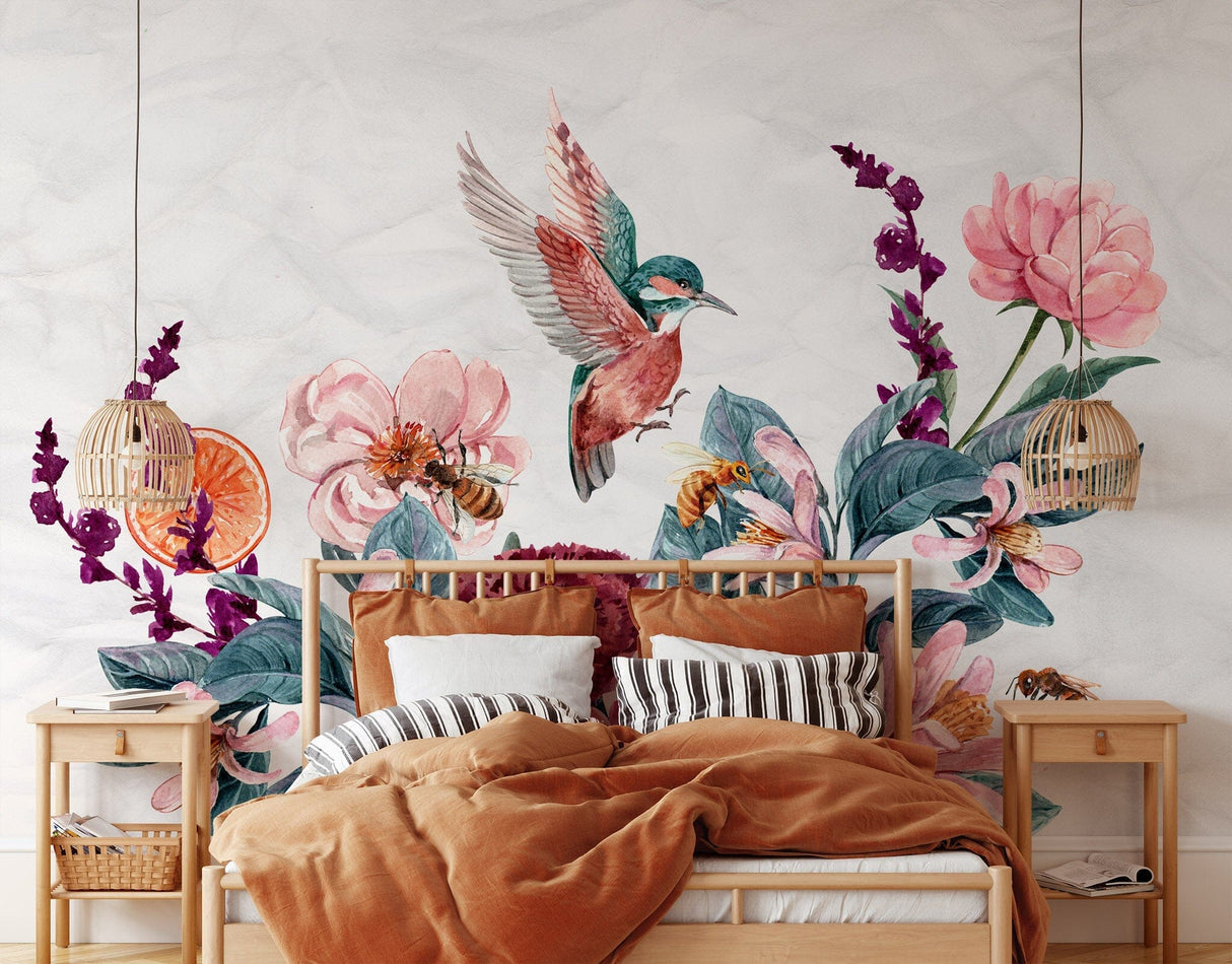 Birds with Floral Wallpaper Peel and stick Wallpaper EazzyWalls 