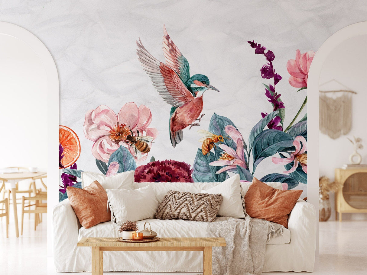 Birds with Floral Wallpaper Peel and stick Wallpaper EazzyWalls 