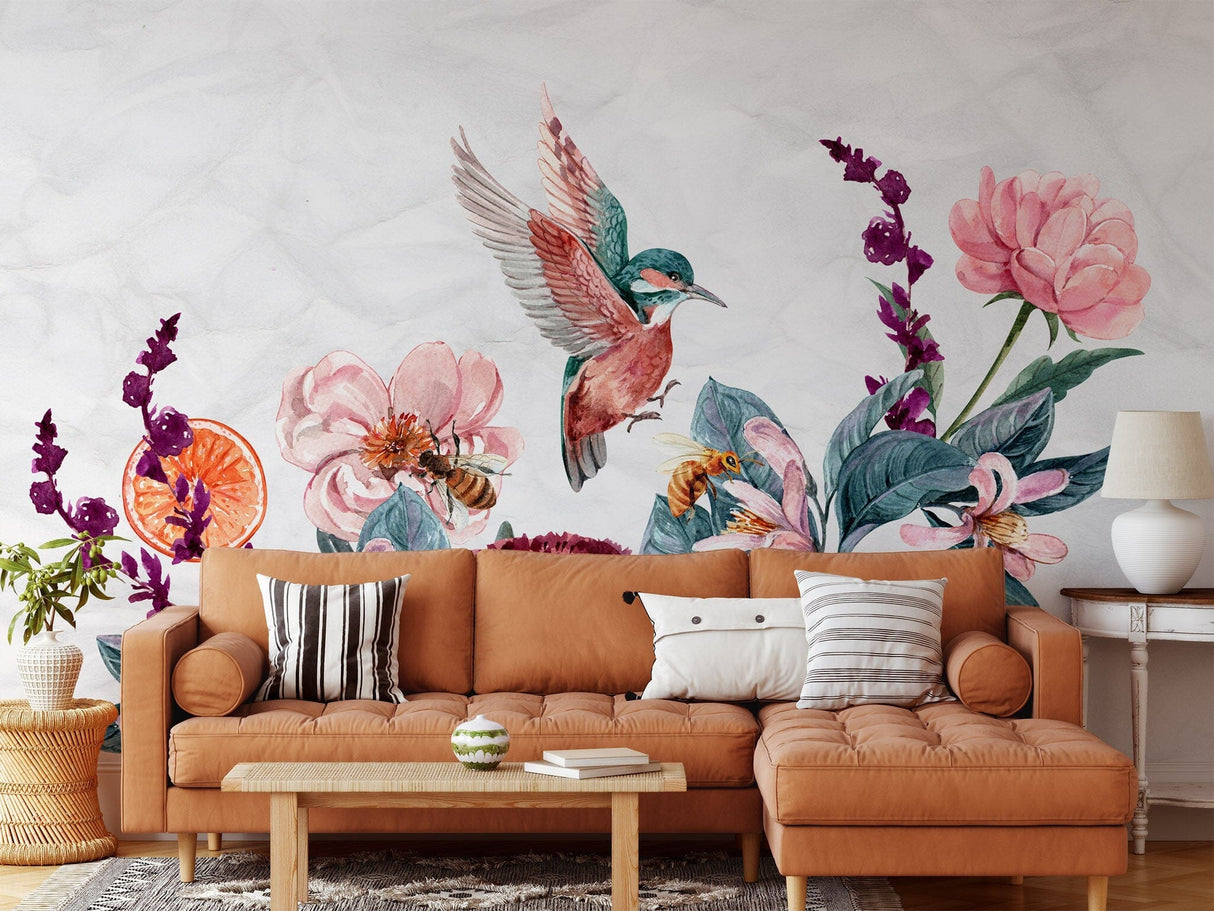 Birds with Floral Wallpaper Peel and stick Wallpaper EazzyWalls 