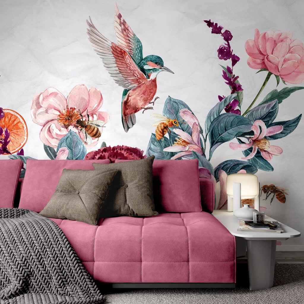 Birds with Floral Wallpaper Peel and stick Wallpaper EazzyWalls 