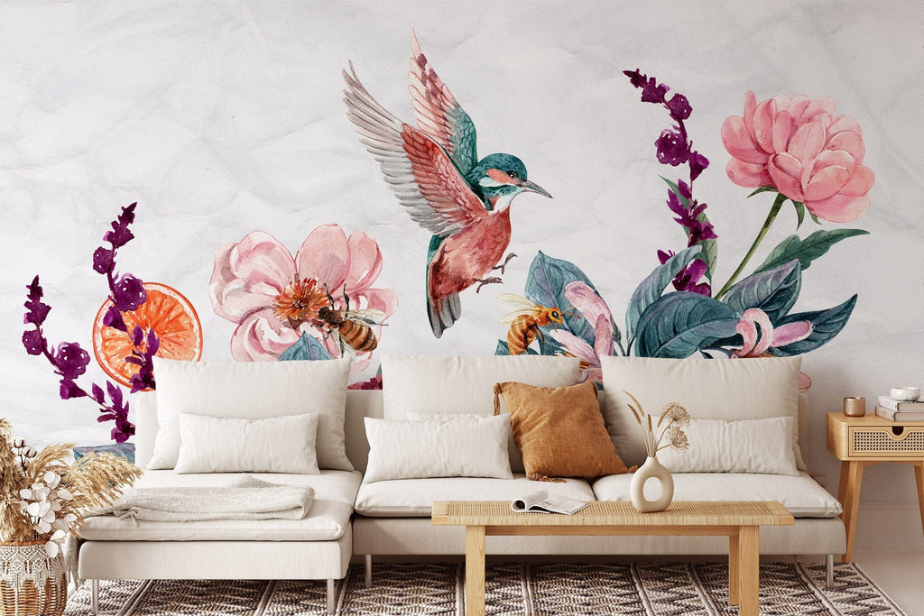 Birds with Floral Wallpaper Peel and stick Wallpaper EazzyWalls 
