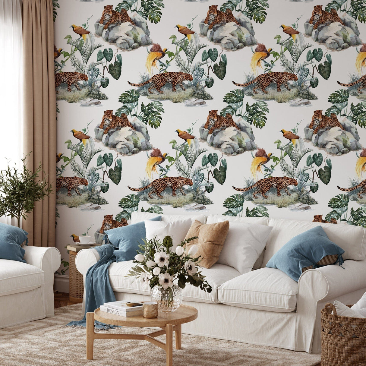 Cheetah and Birds Seamless Pattern Animals Print Wallpaper Mural Removable Wallpaper EazzyWalls 