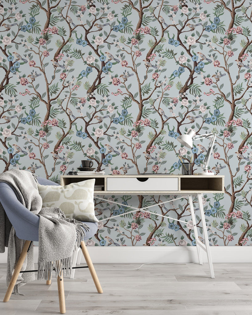 Blue Chinoiserie Birds Wallpaper Removable Wallpaper EazzyWalls 