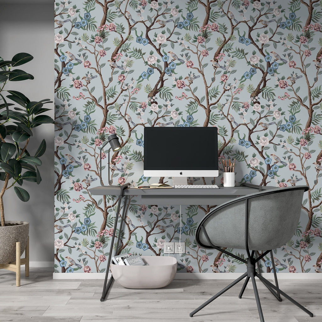 Blue Chinoiserie Birds Wallpaper Removable Wallpaper EazzyWalls 
