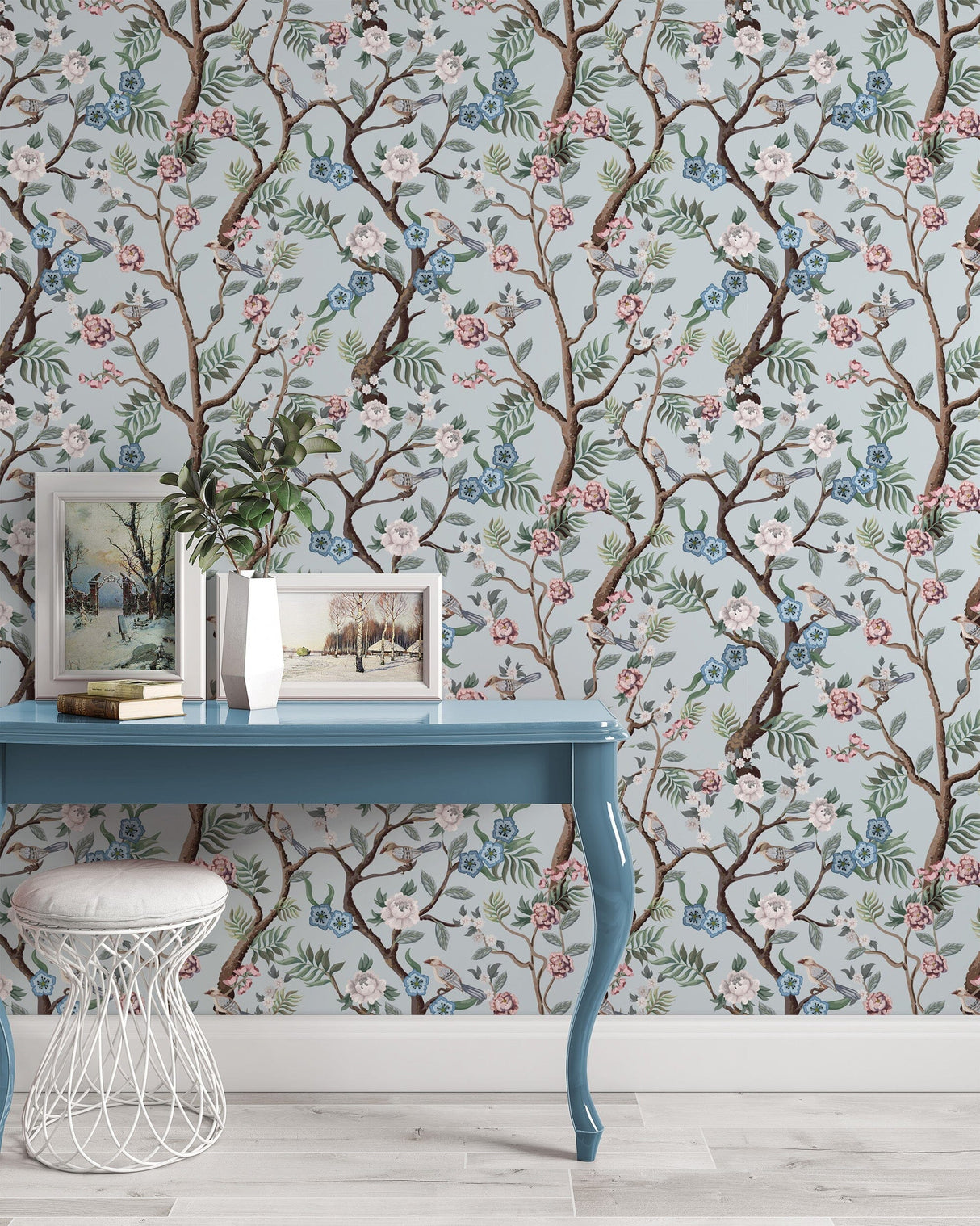 Blue Chinoiserie Birds Wallpaper Removable Wallpaper EazzyWalls 