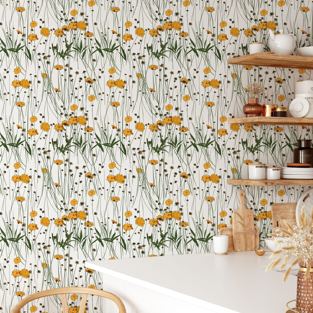 Cute Yellow Flowers Pattern Wallpaper Peel and stick Wallpaper EazzyWalls 