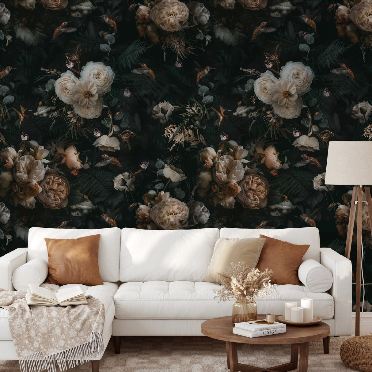 Dark Background Cream Floral Wallpaper Removable Wallpaper EazzyWalls 