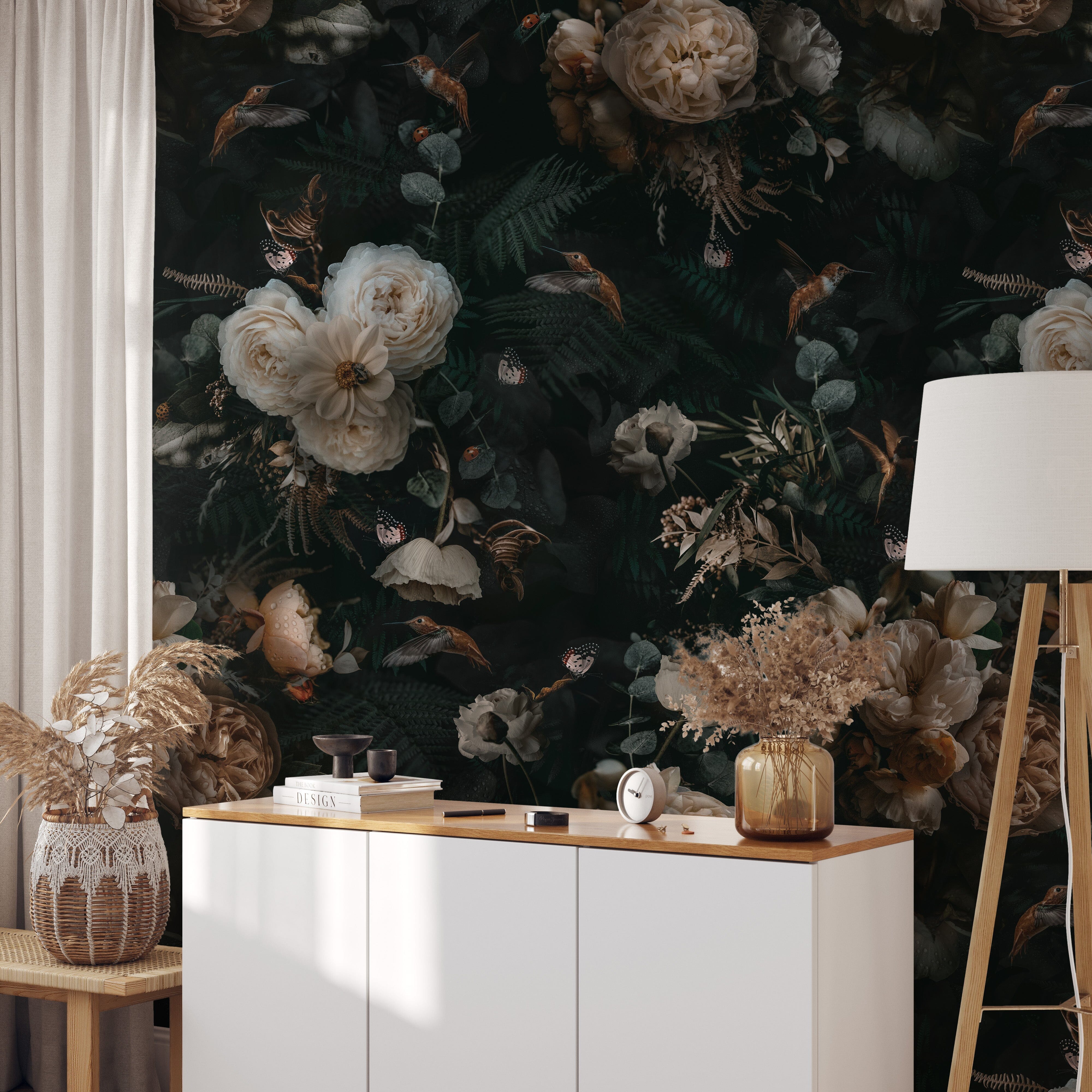Dark Background Cream Floral Wallpaper – EazzyWalls