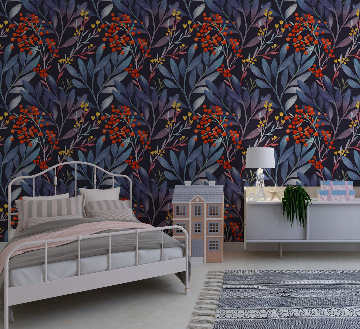 Dark Blue Floral Wallpaper Removable Wallpaper EazzyWalls 