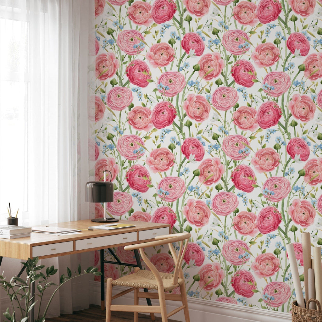 Watercolor hand drawn gentle pink summer flowers wallpaper Removable Wallpaper EazzyWalls 