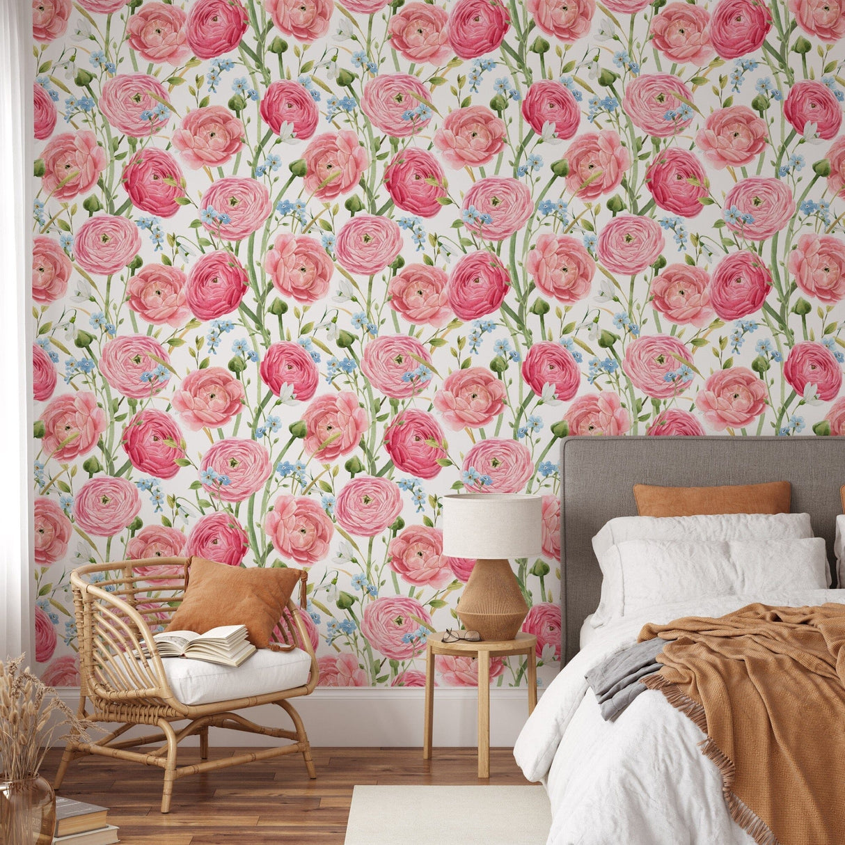 Watercolor hand drawn gentle pink summer flowers wallpaper Removable Wallpaper EazzyWalls 