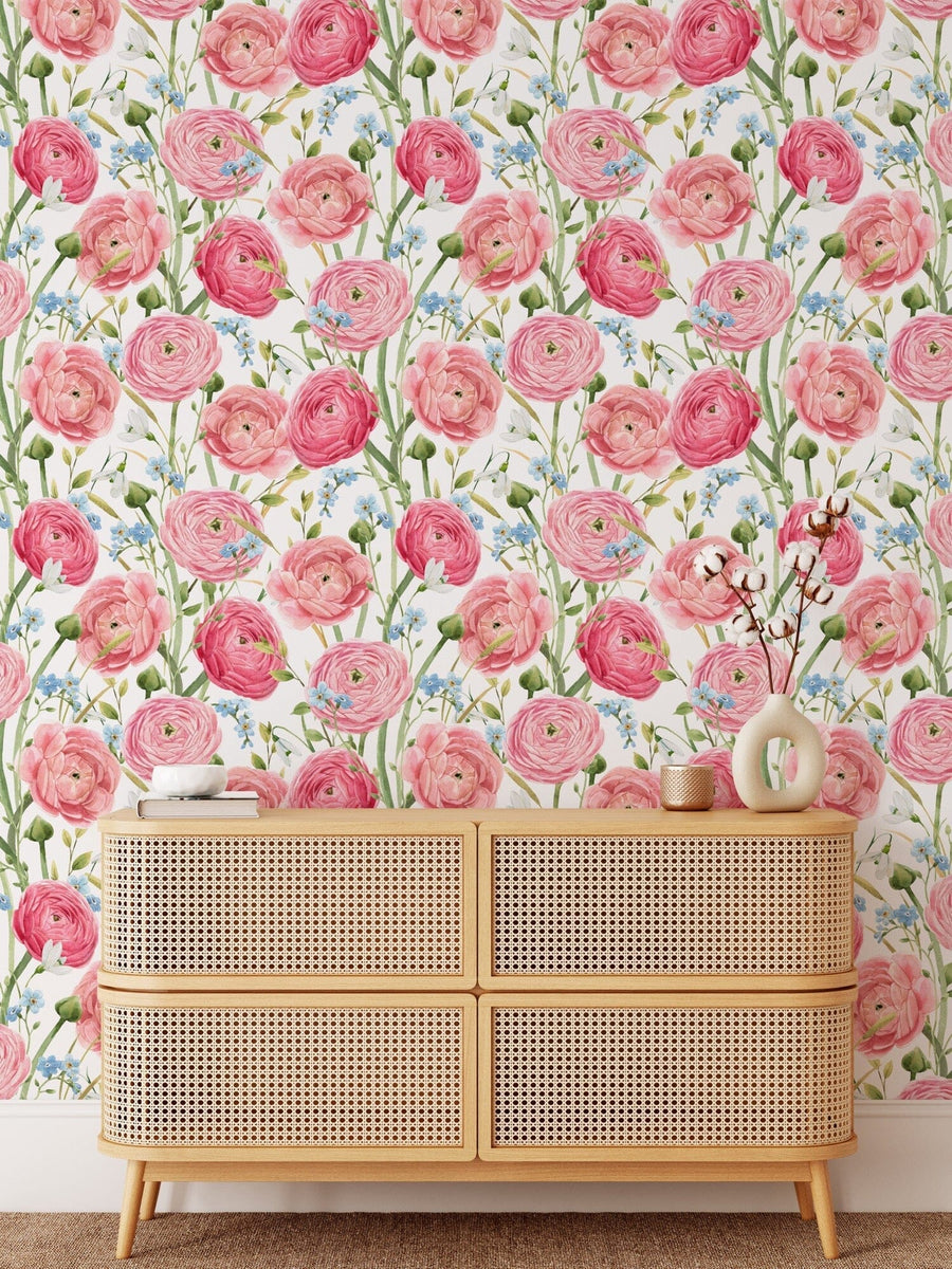 Watercolor hand drawn gentle pink summer flowers wallpaper Removable Wallpaper EazzyWalls 