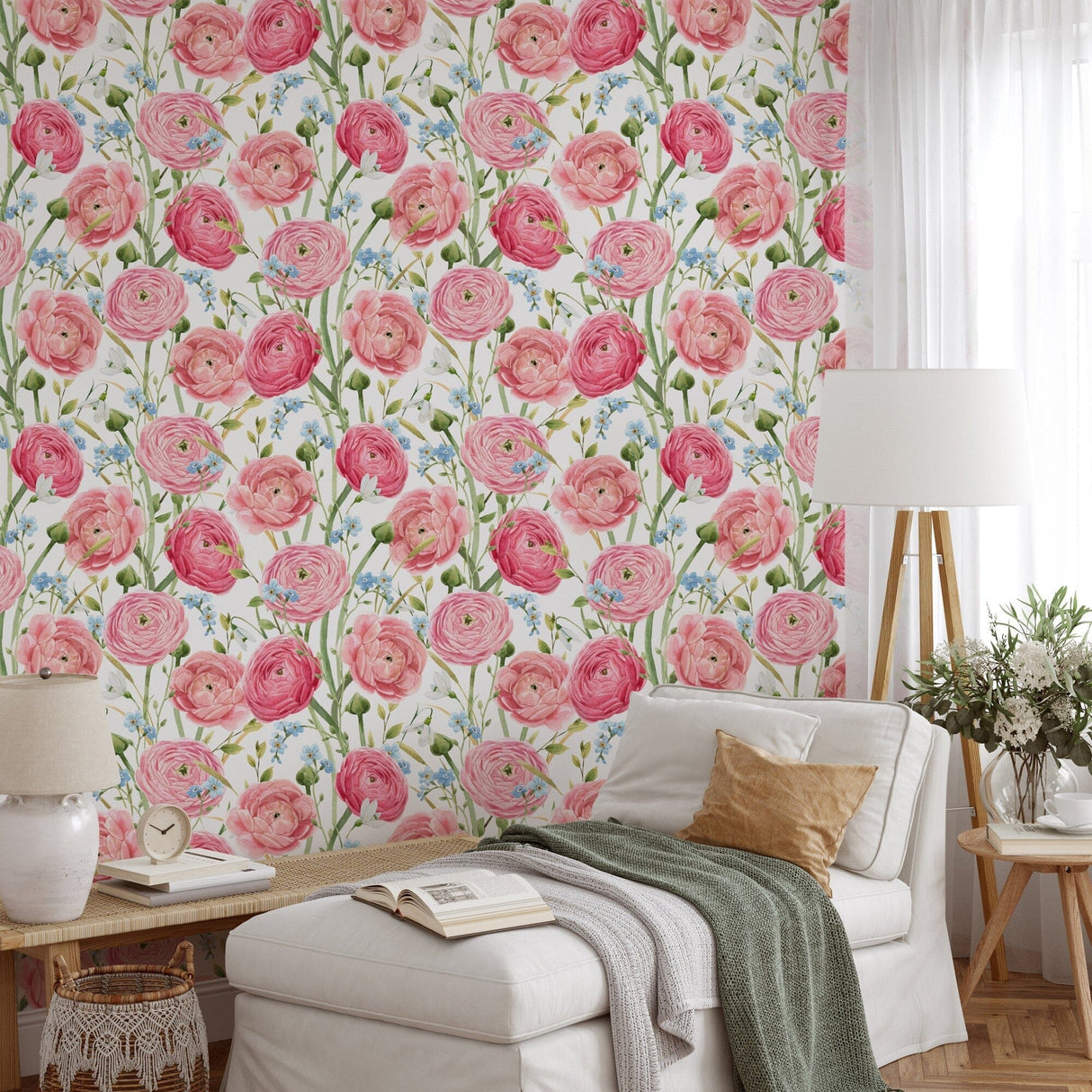 Watercolor hand drawn gentle pink summer flowers wallpaper Removable Wallpaper EazzyWalls 