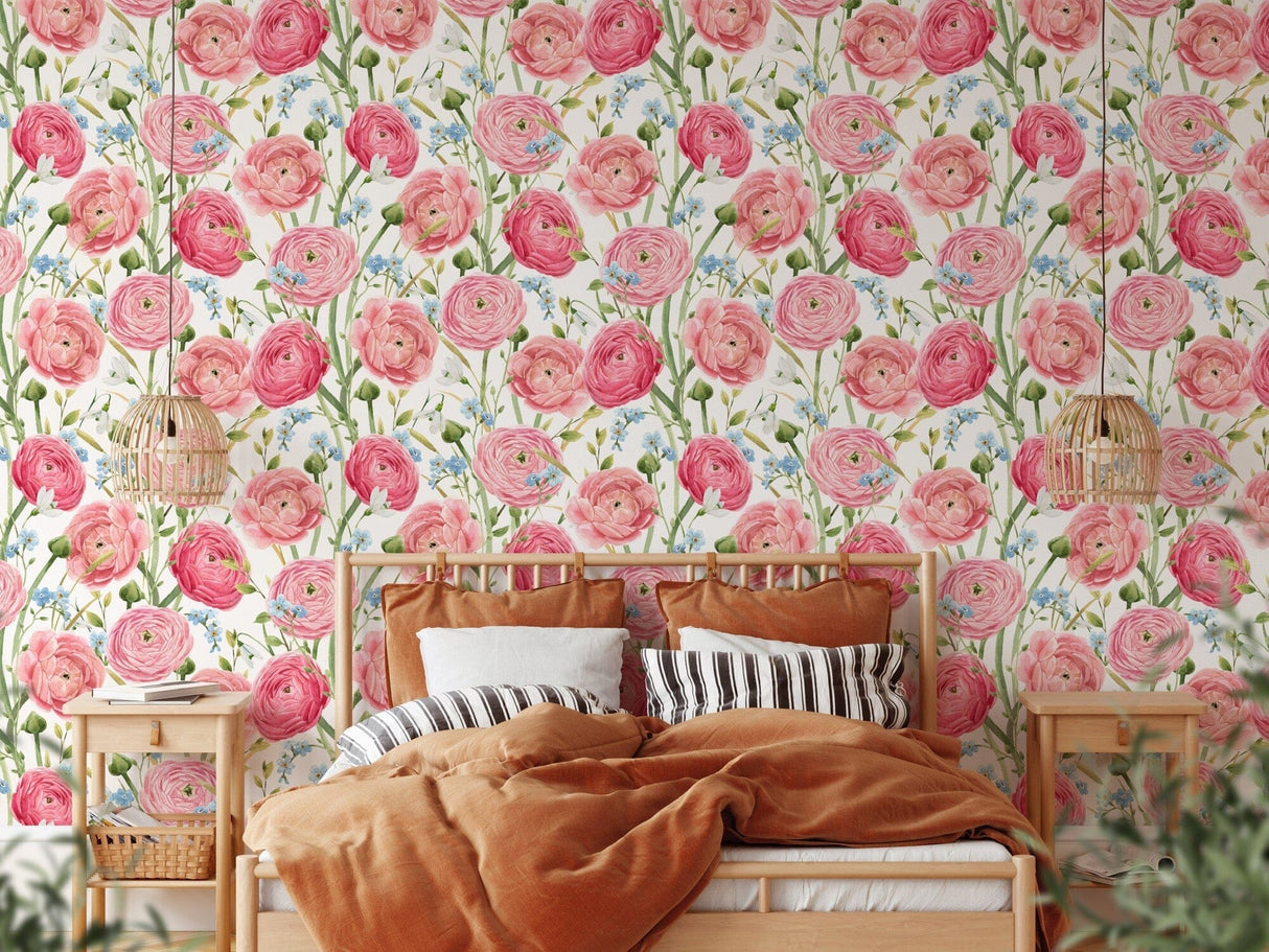 Watercolor hand drawn gentle pink summer flowers wallpaper Removable Wallpaper EazzyWalls 