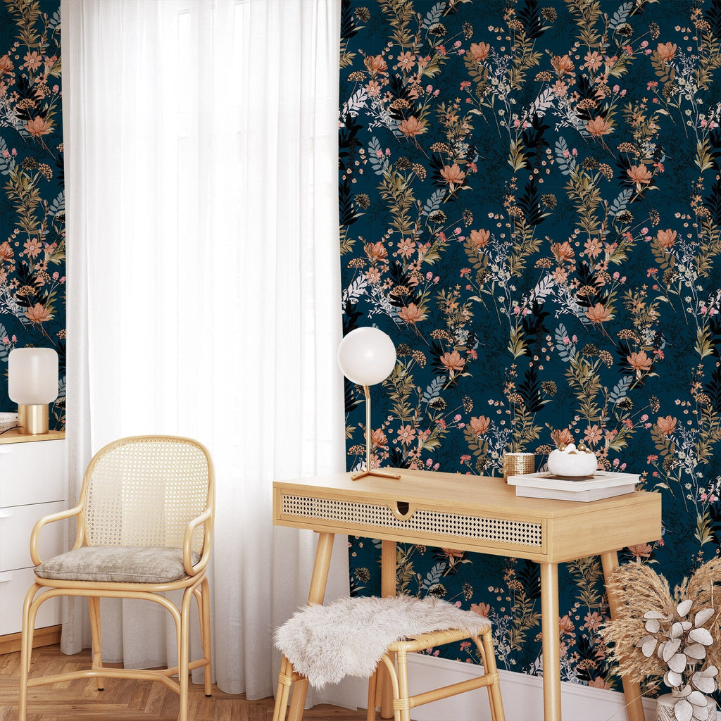 Dark Blue Flower Wallpaper Peel and stick Wallpaper EazzyWalls 