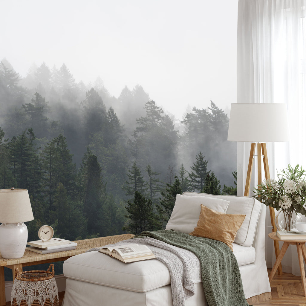 Foggy Pine Trees of the Pacific Northwest Forest Nature Wallpaper Removable Wallpaper EazzyWalls Sample: 6''W x 9''H Canvas 