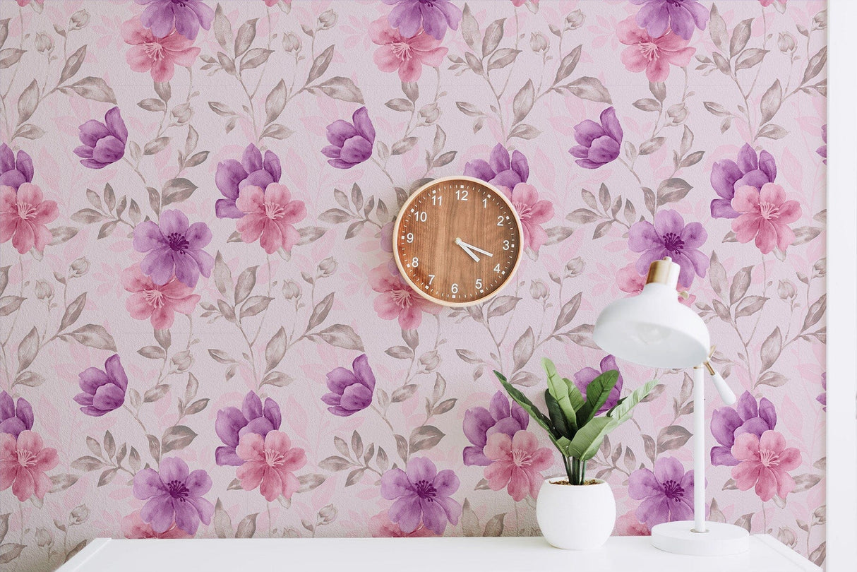 Watercolor aquarelle pink and purple floral pattern Peel and Stick Wallpaper Mural Removable Wallpaper EazzyWalls 